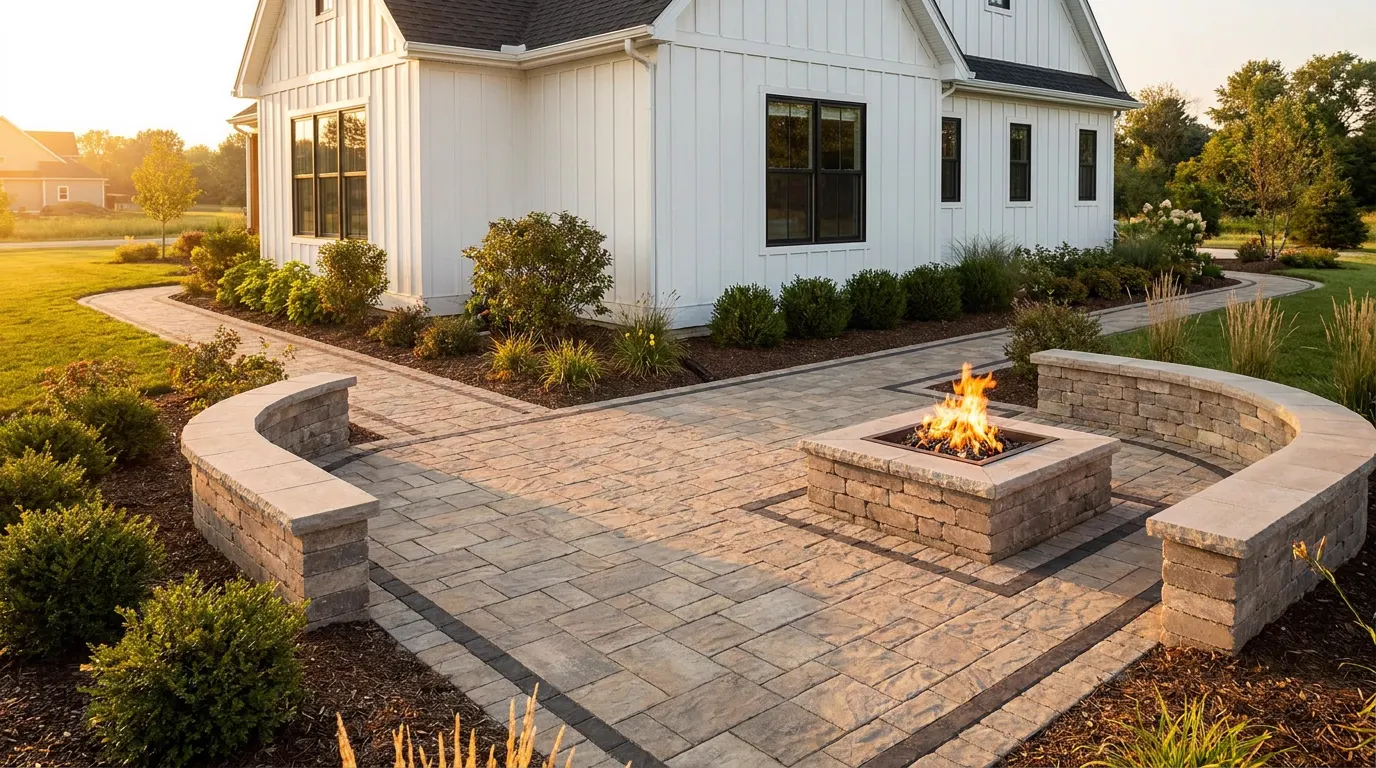 Completed paver patio and fire pit project at a modern farmhouse style home at golden hour