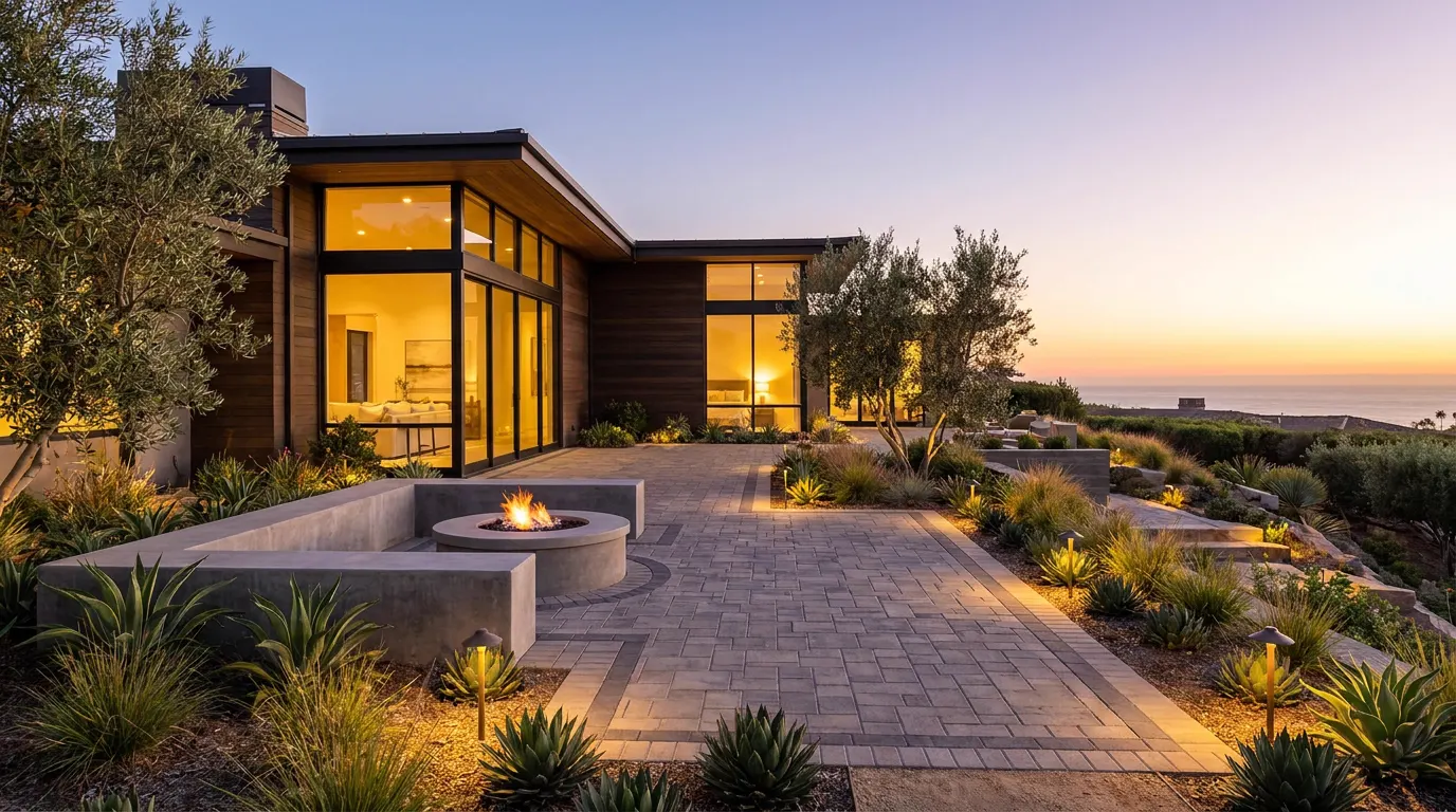 Completed paver patio and fire pit project at a contemporary coastal home at dusk