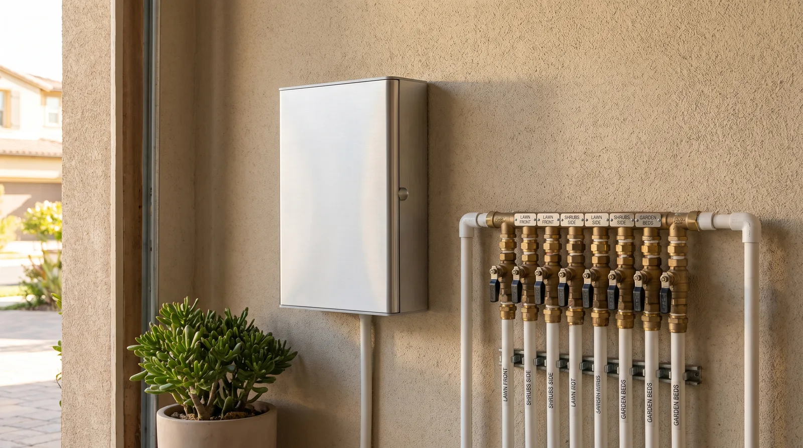 Smart irrigation controller mounted on a wall with a neat labeled valve manifold