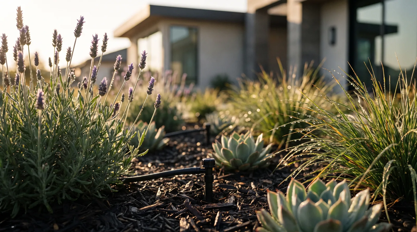 Drip irrigation emitters watering a planting bed at dawn