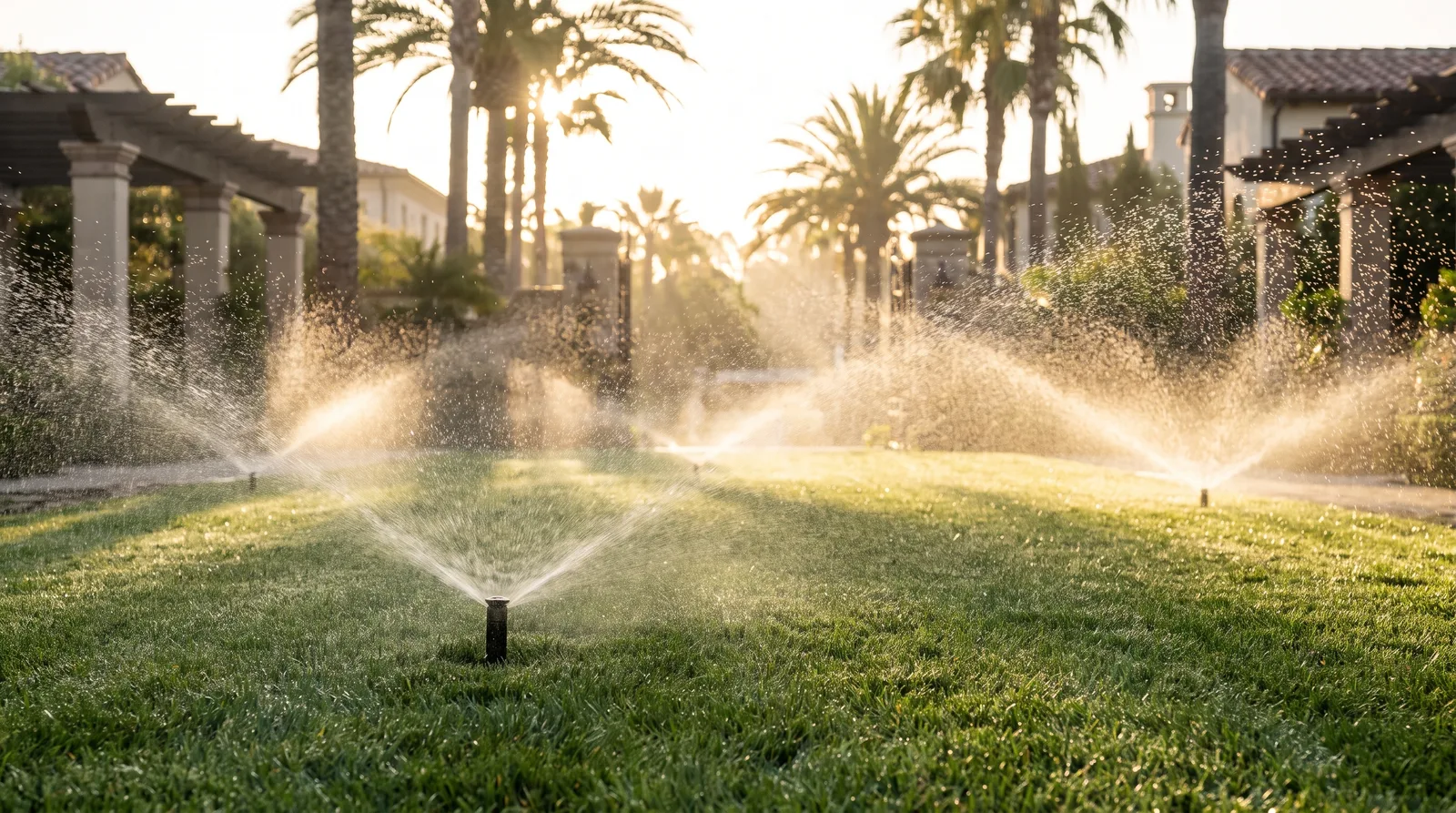 High-efficiency rotator sprinkler heads watering a lawn at sunrise