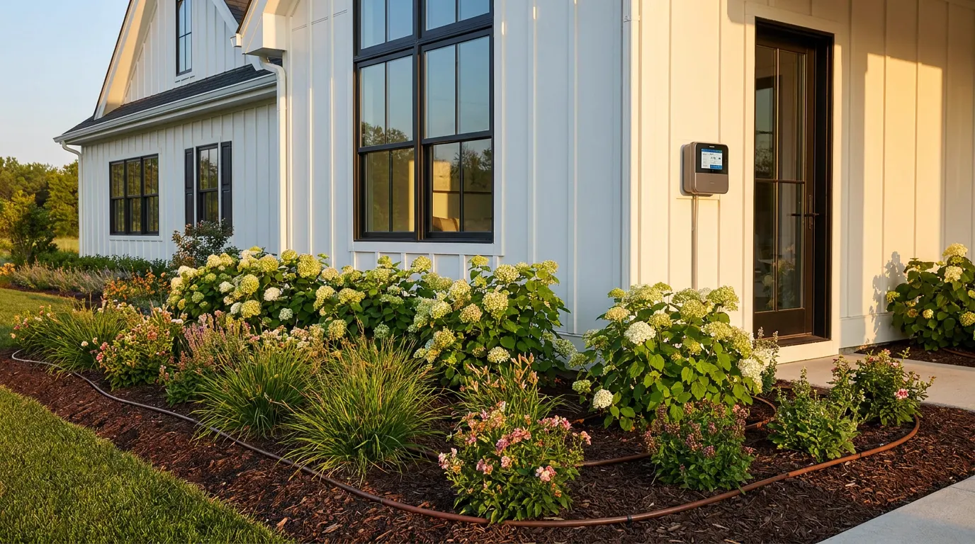 Completed smart irrigation retrofit project at a modern farmhouse style home at golden hour