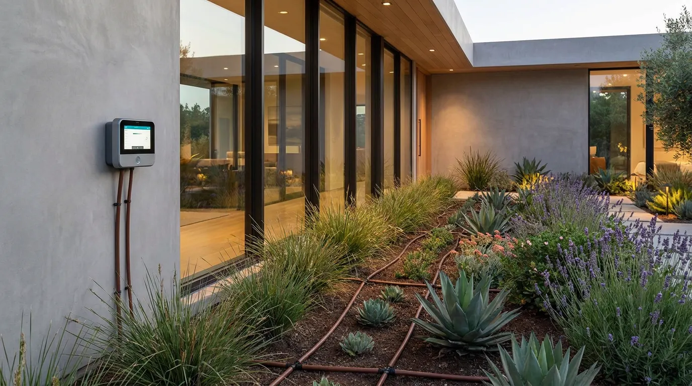 Completed smart irrigation retrofit project at a contemporary coastal home at dusk