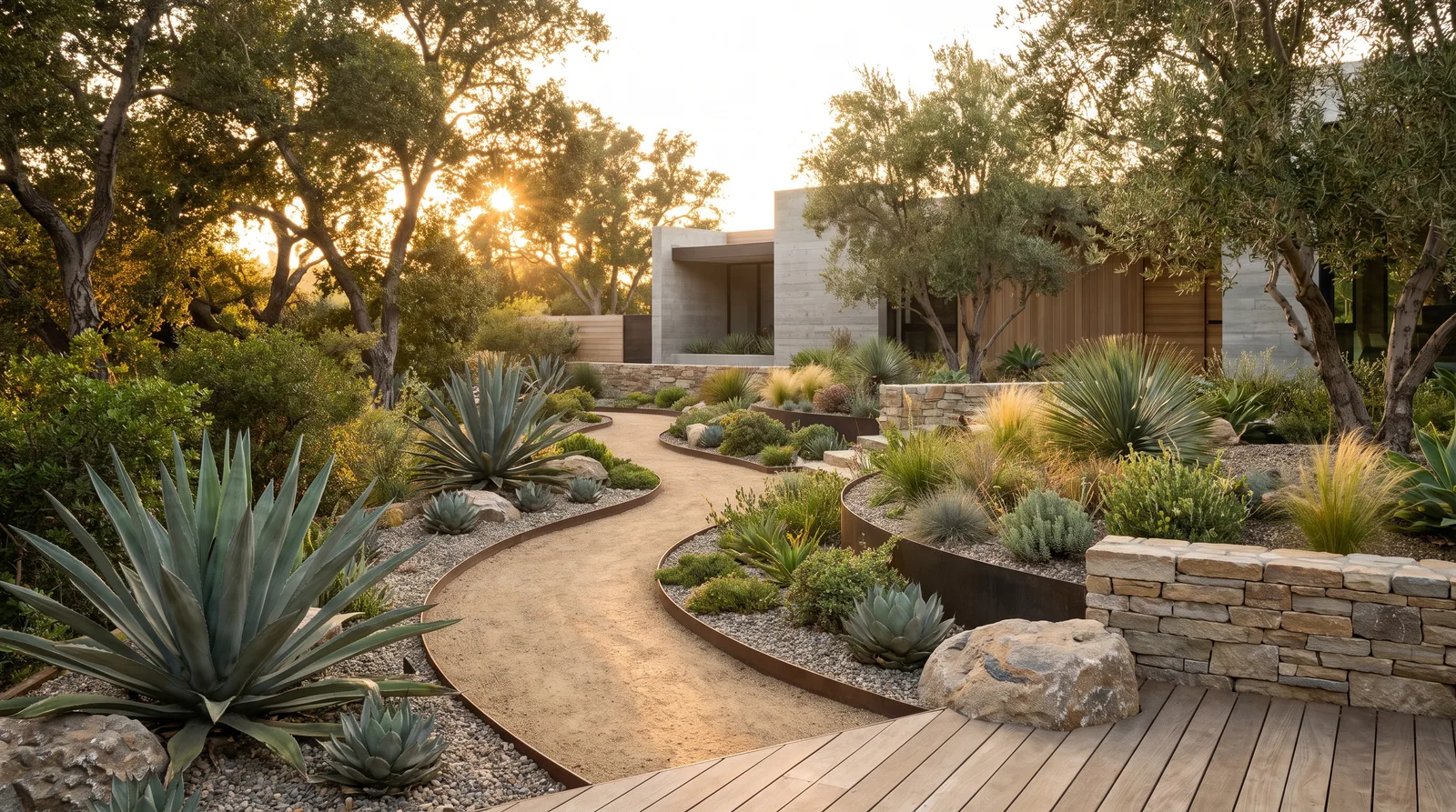 Modern California garden with drought-tolerant planting and decomposed granite paths at golden hour