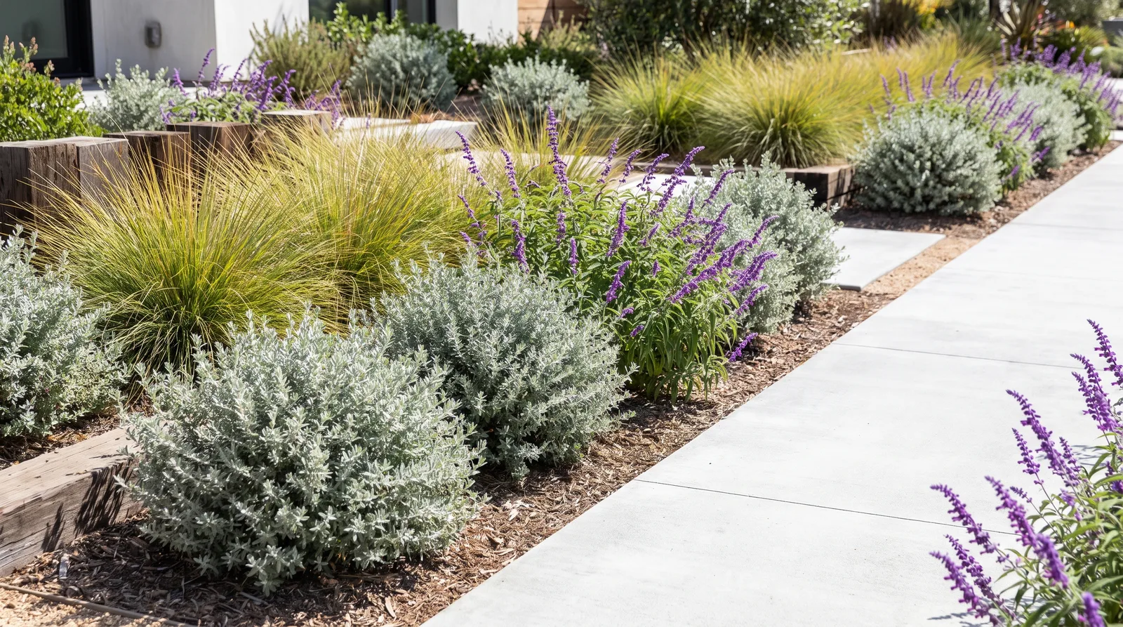 Planting palette detail with westringia, deer grass, and salvia beside a concrete path