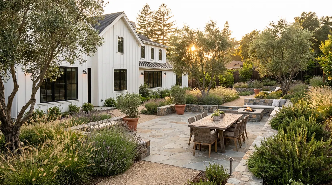 Completed complete landscape design-build project at a modern farmhouse style home at golden hour