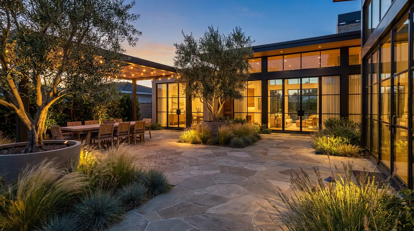Completed complete landscape design-build project at a contemporary coastal home at dusk