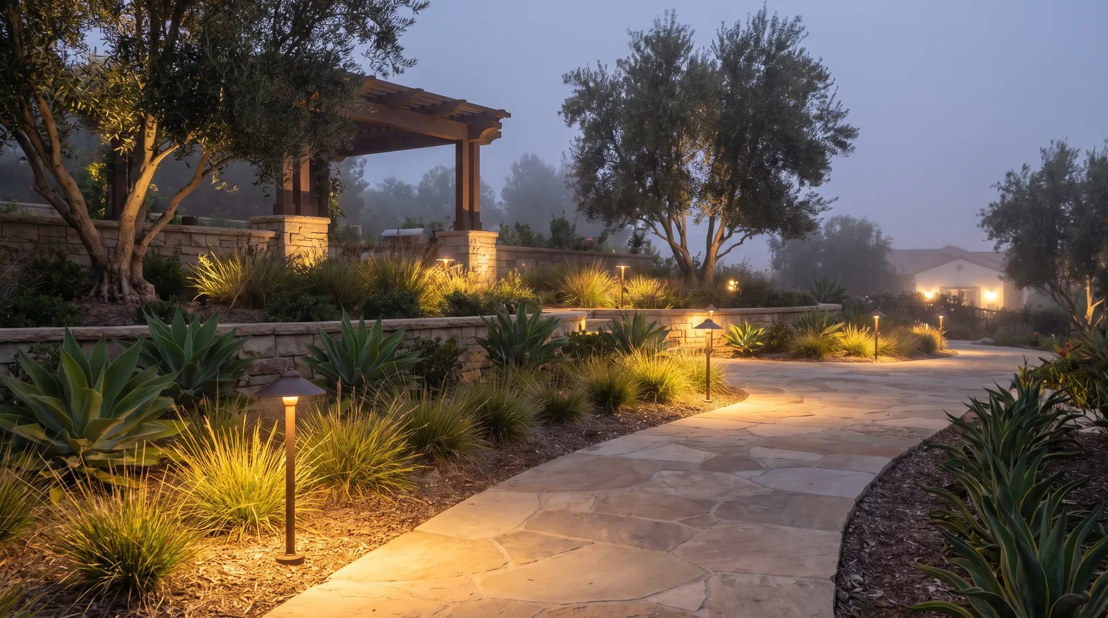 Path lights washing a paver walkway with layered garden lighting behind