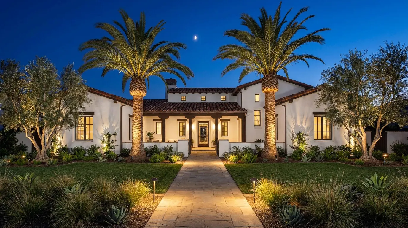 Completed landscape lighting project at a Spanish colonial Orange County home