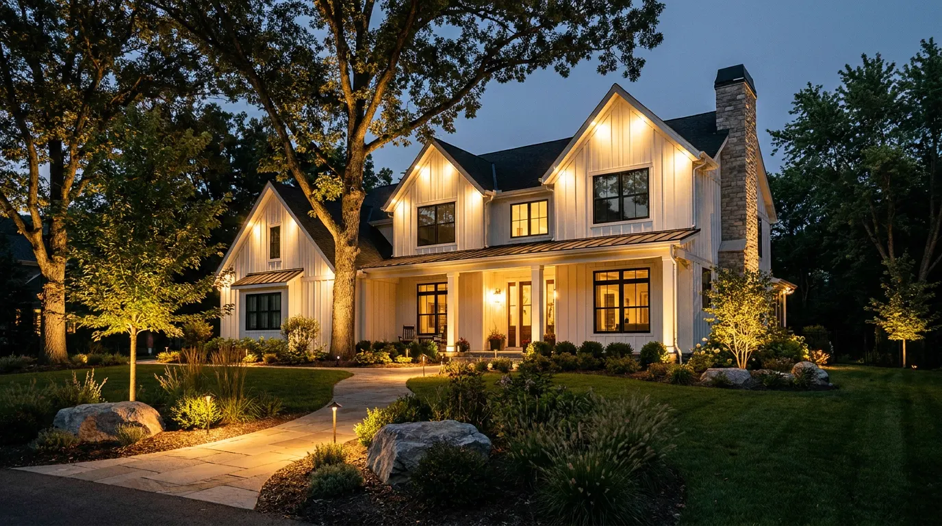 Completed landscape lighting project at a modern farmhouse style home at golden hour