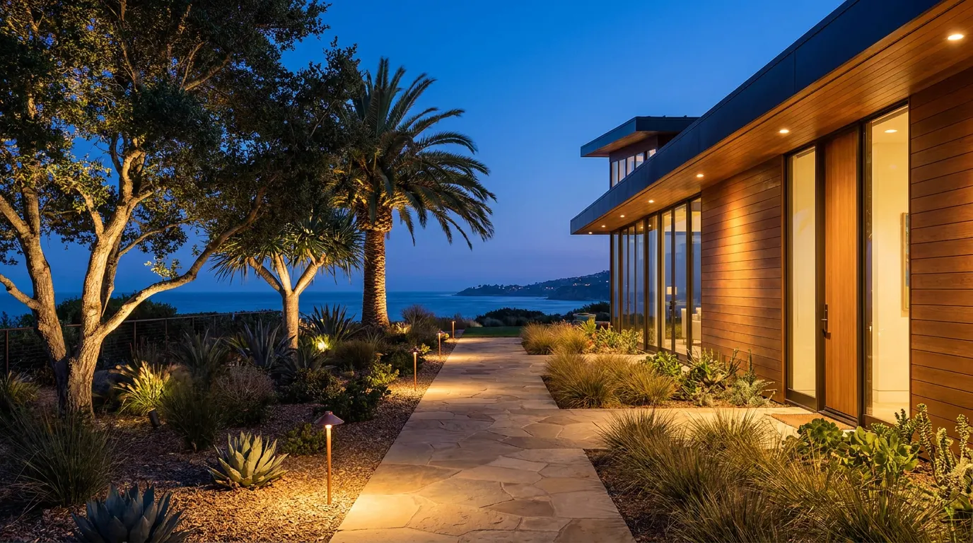 Completed landscape lighting project at a contemporary coastal home at dusk