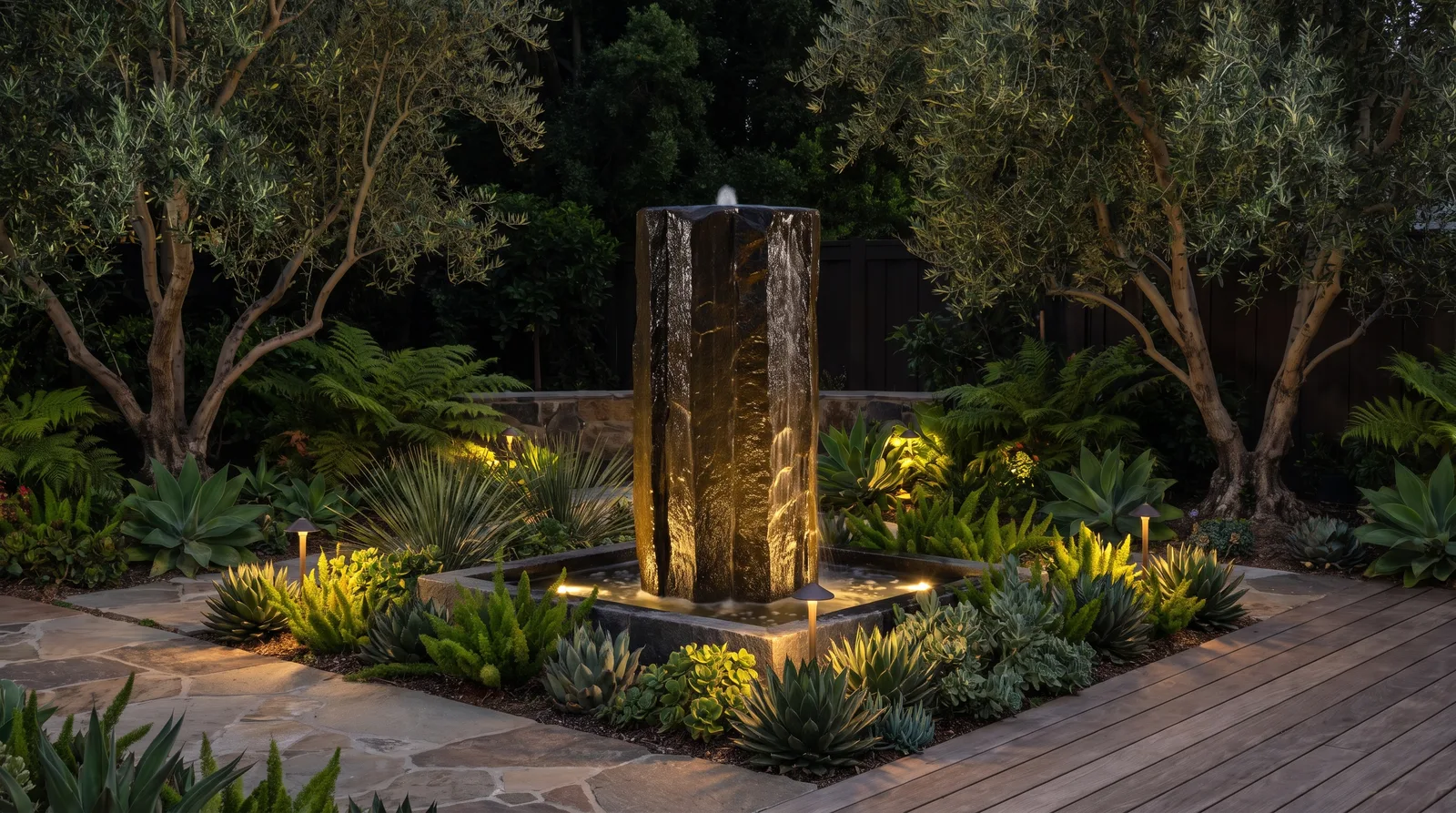 Basalt fountain column water feature lit warmly at night in a lush garden