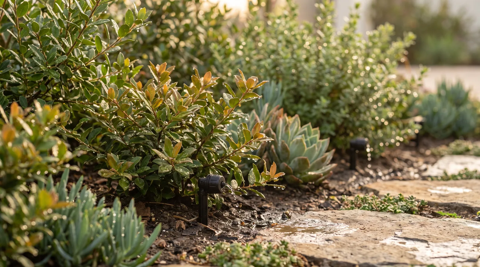 Smart drip irrigation watering a new planting bed at dawn