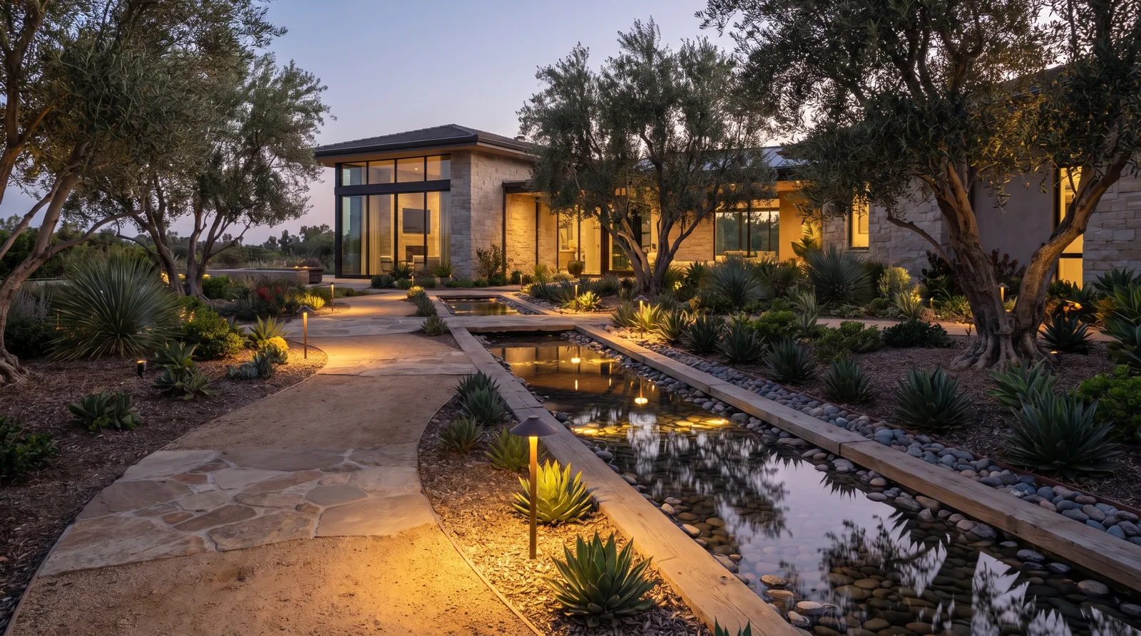 Warm path lights reflecting in a still water runnel in an evening garden