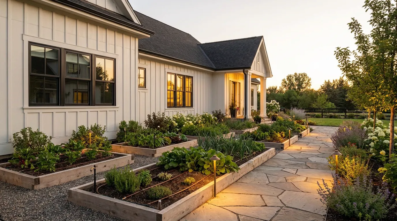 Completed irrigation and lighting project at a modern farmhouse style home at golden hour