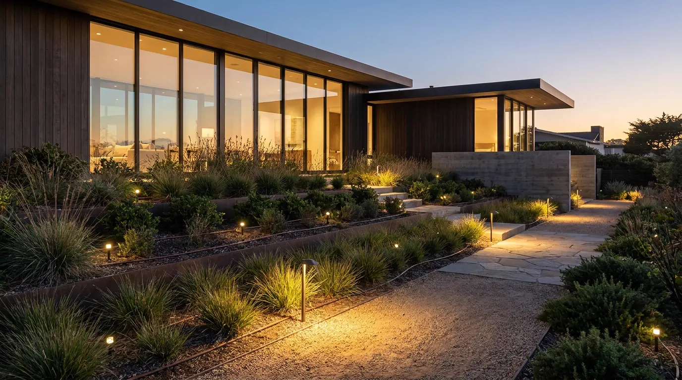 Completed irrigation and lighting project at a contemporary coastal home at dusk