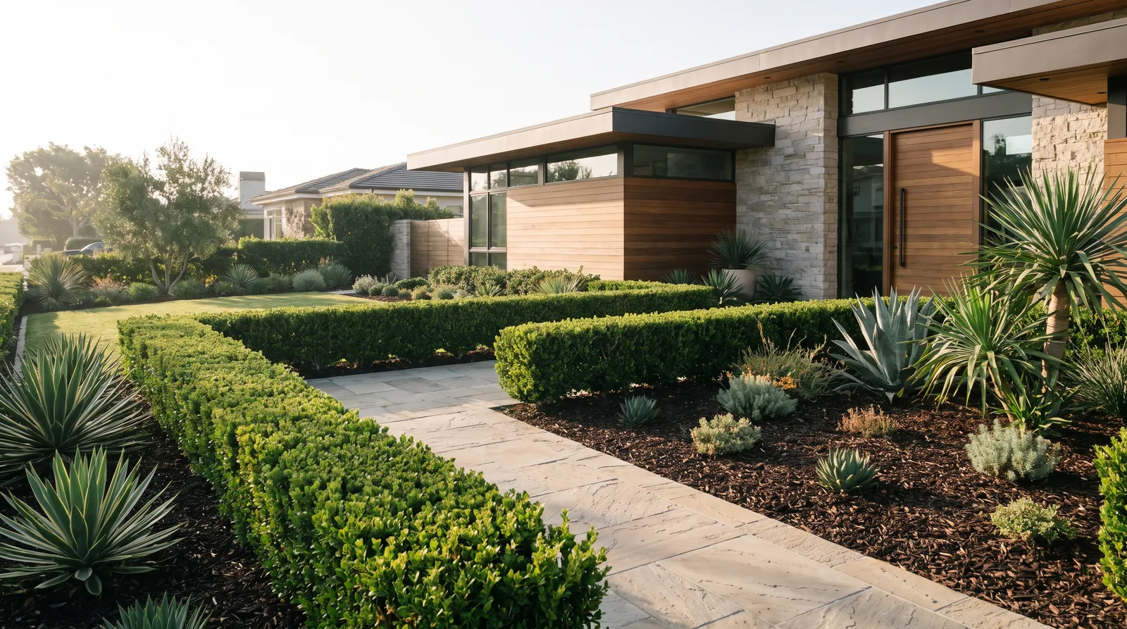Immaculately maintained modern garden with crisp hedges and swept paver path