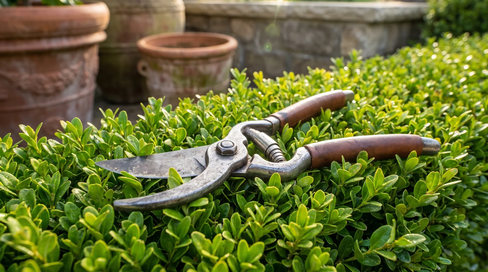 Professional bypass pruners on a freshly sheared boxwood hedge