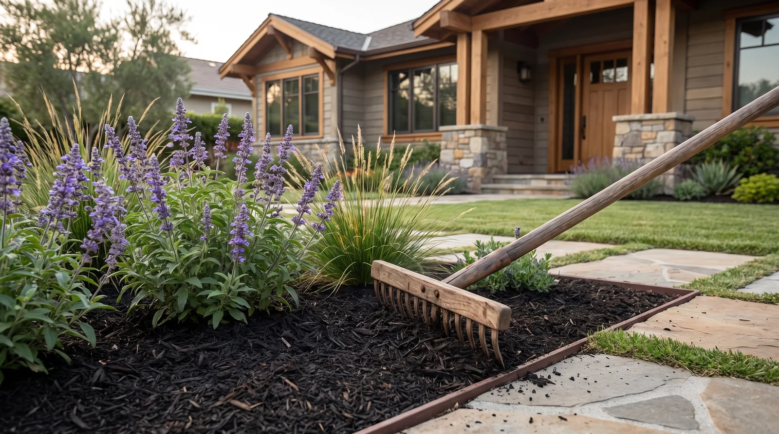 Fresh dark mulch raked smooth around established salvias with clean bed edges