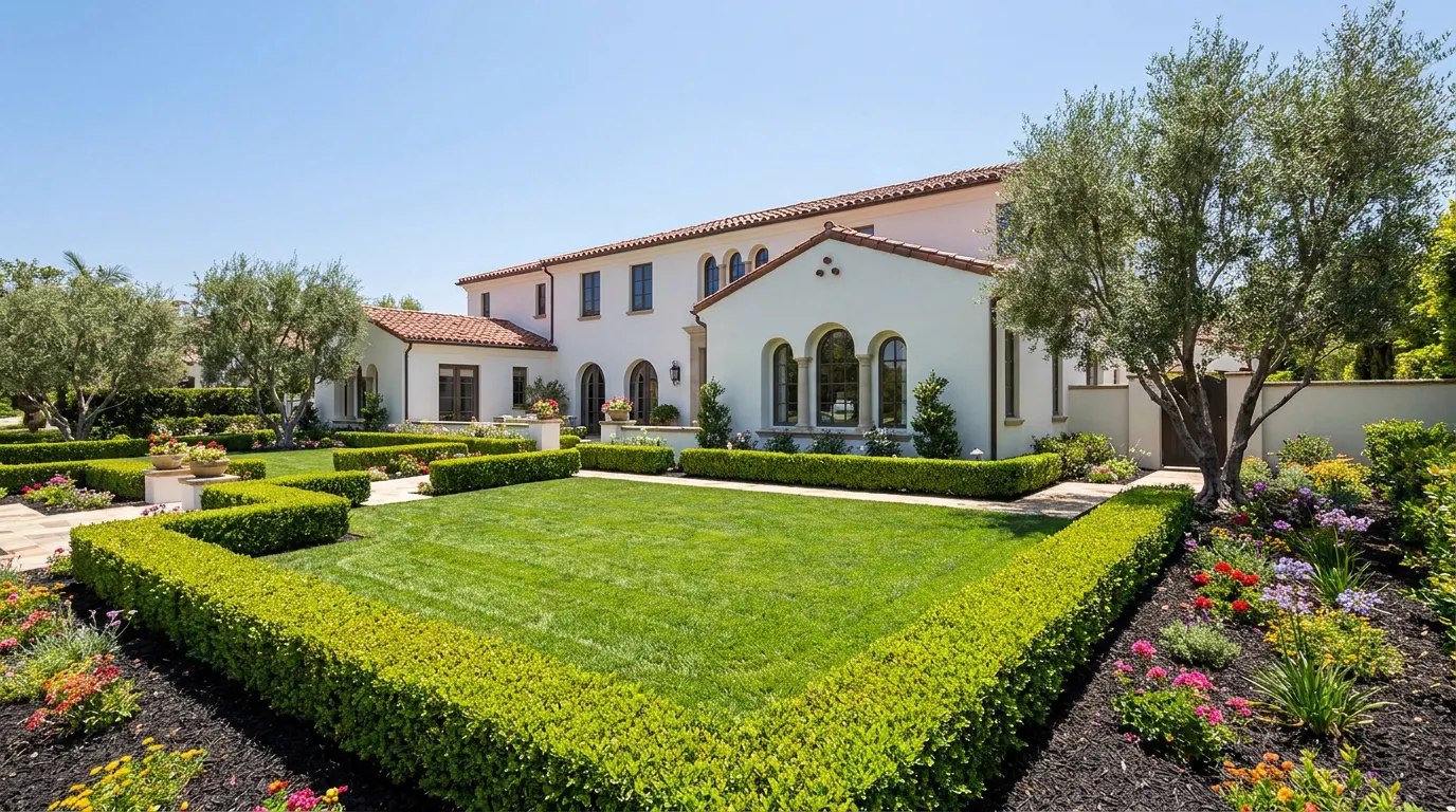 Completed maintained estate garden at a Spanish colonial Orange County home