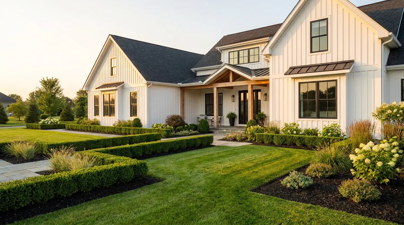 Completed maintained estate garden at a modern farmhouse style home at golden hour