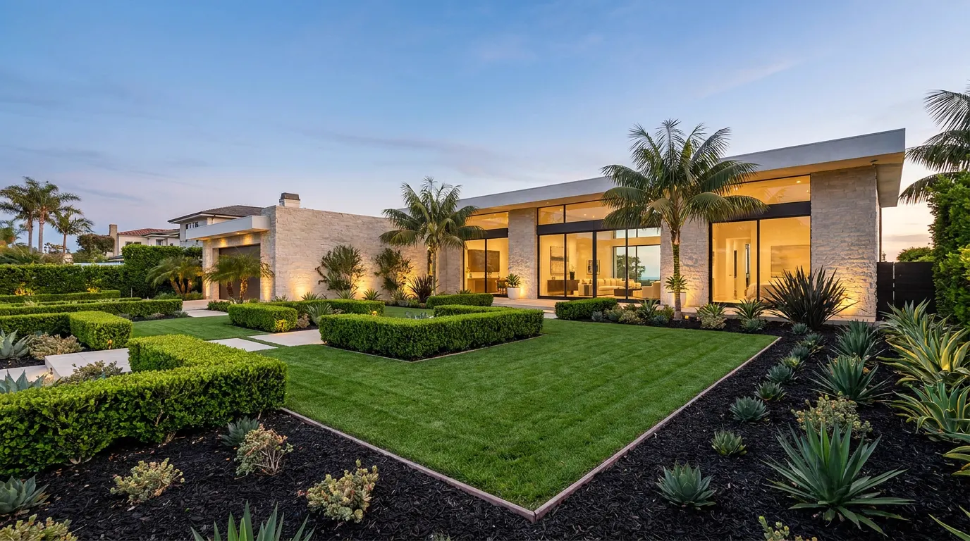 Completed maintained estate garden at a contemporary coastal home at dusk