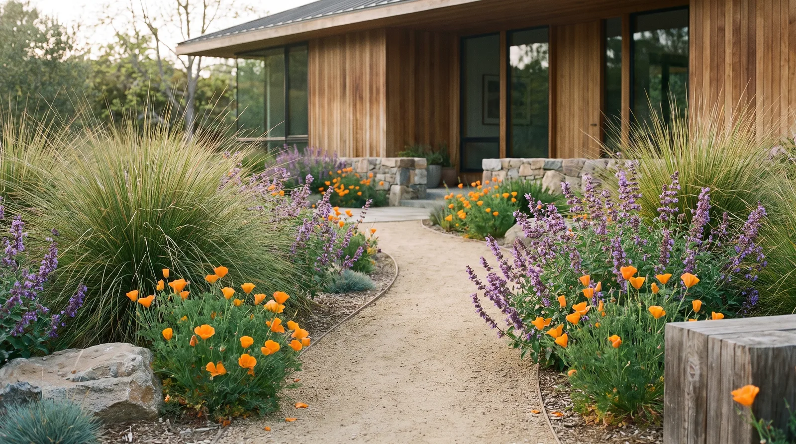 California native garden in bloom with poppies, sage, and a decomposed granite path