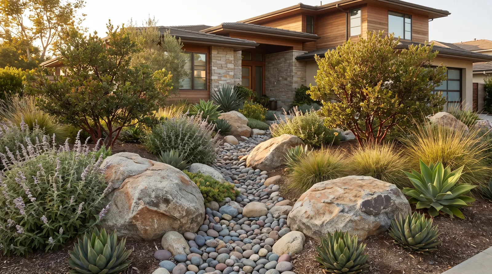 Drought-tolerant front yard with boulders, natives, and a dry creek bed