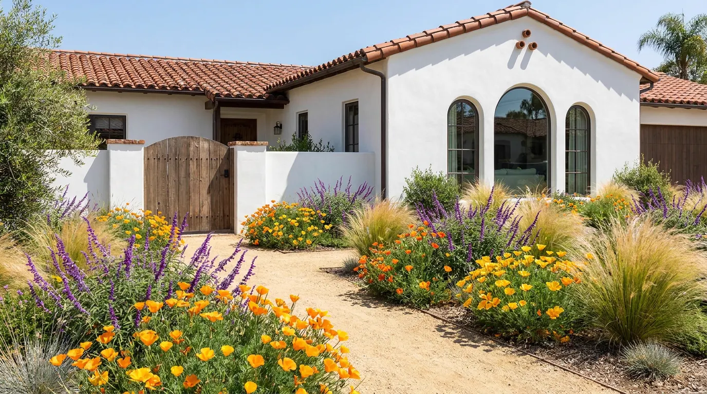 Completed California native garden project at a Spanish colonial Orange County home