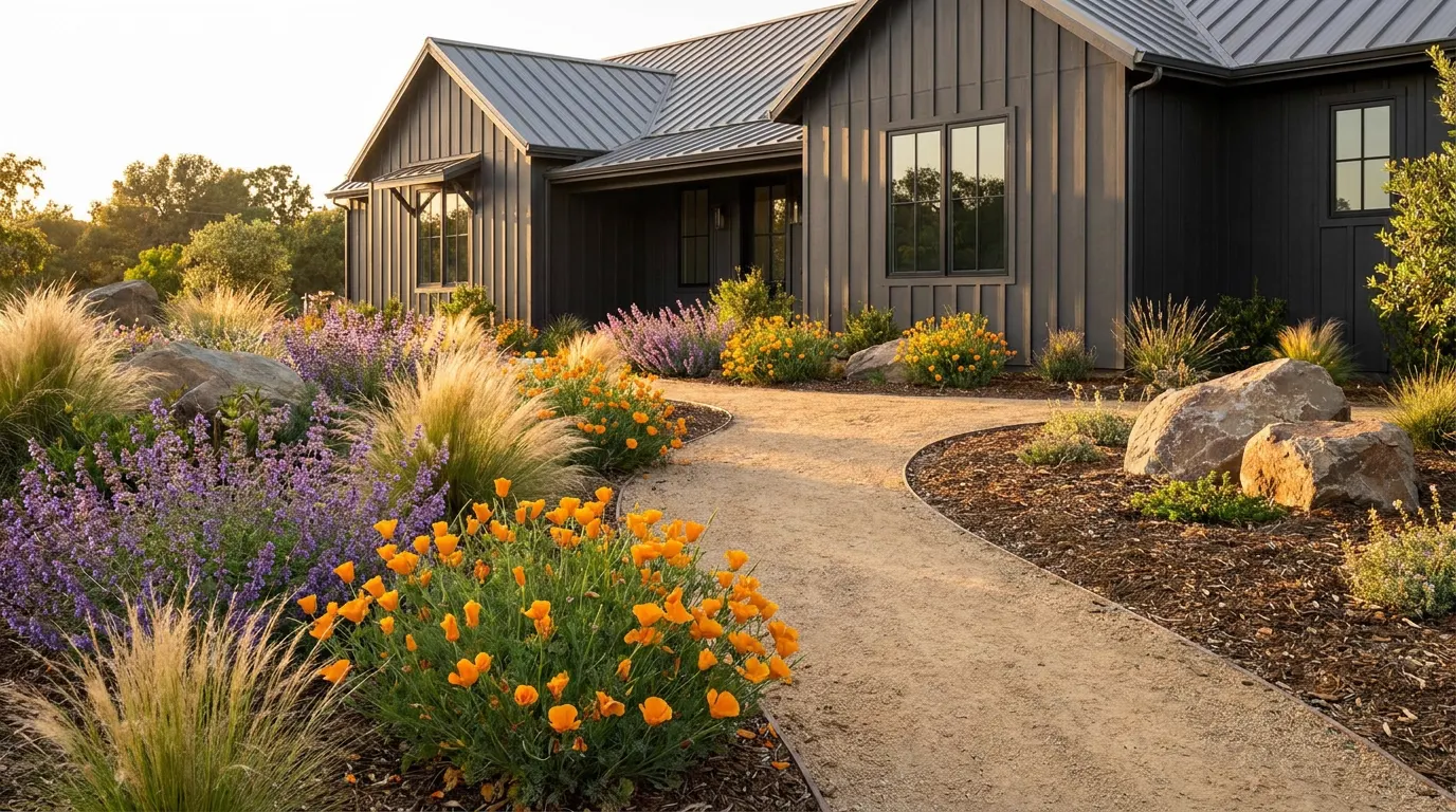 Completed California native garden project at a modern farmhouse style home at golden hour