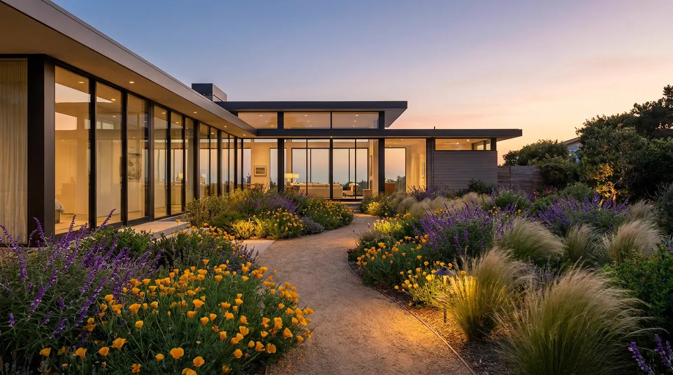 Completed California native garden project at a contemporary coastal home at dusk