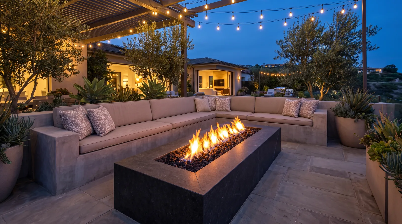 Linear gas fire pit burning at night with a modern seat wall around it