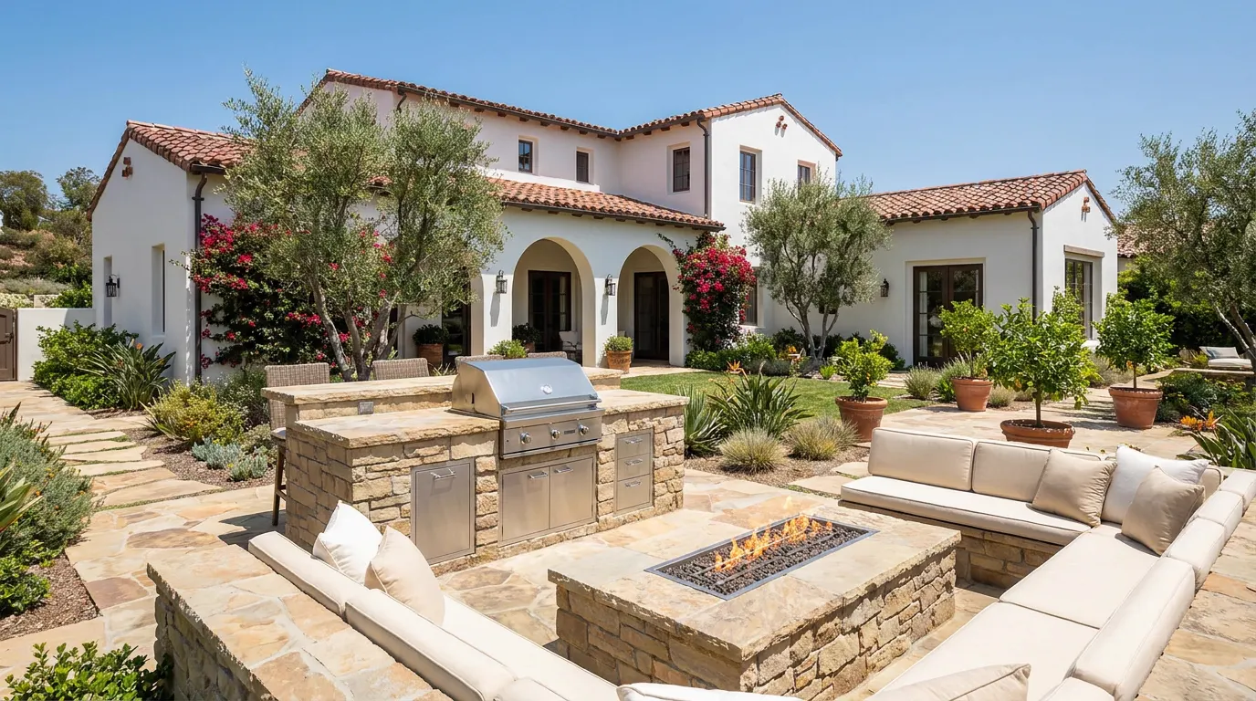 Completed outdoor kitchen and fire feature project at a Spanish colonial Orange County home