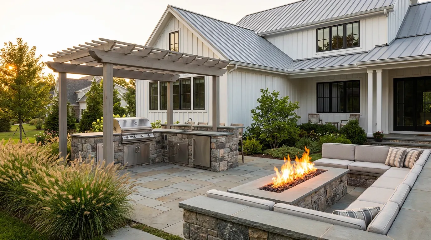 Completed outdoor kitchen and fire feature project at a modern farmhouse style home at golden hour