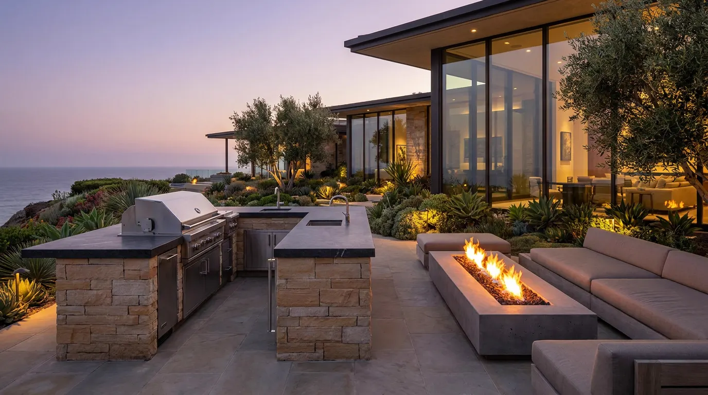 Completed outdoor kitchen and fire feature project at a contemporary coastal home at dusk