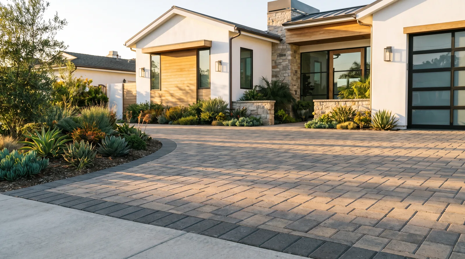 Finished interlocking paver driveway with charcoal border at a modern home