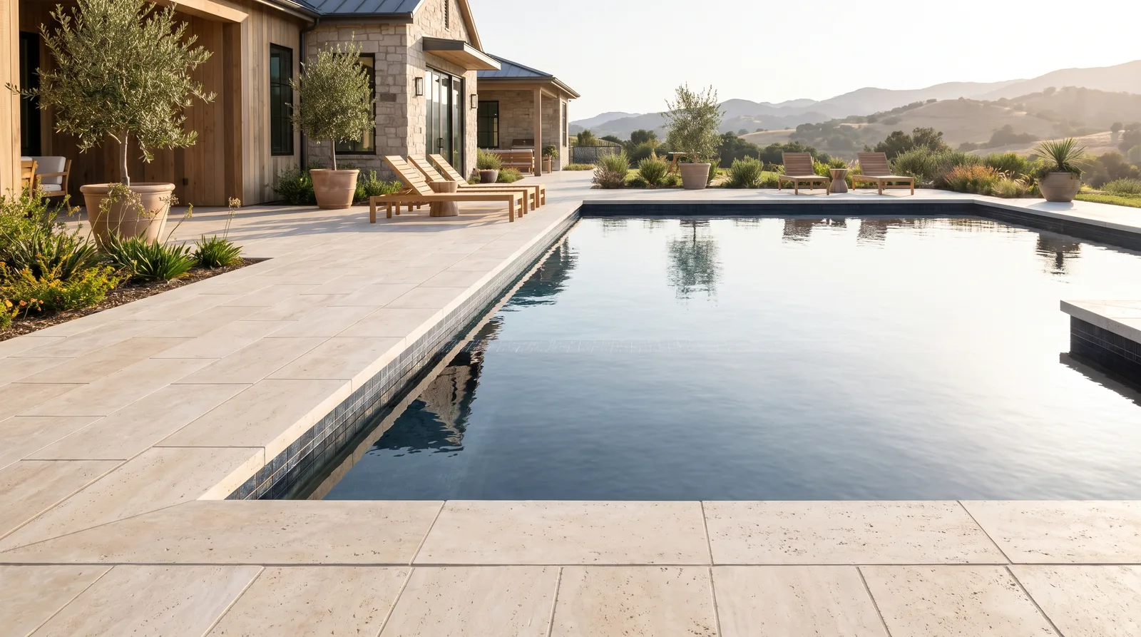 Pool deck in light pavers with clean joints beside a dark-tile pool