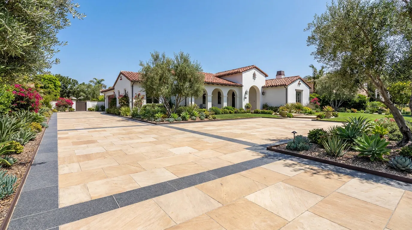 Completed paver driveway project at a Spanish colonial Orange County home