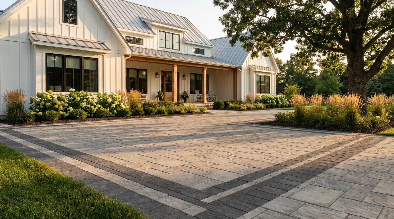 Completed paver driveway project at a modern farmhouse style home at golden hour