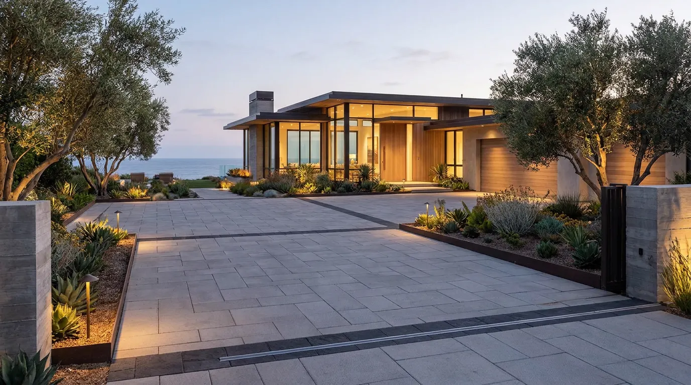 Completed paver driveway project at a contemporary coastal home at dusk