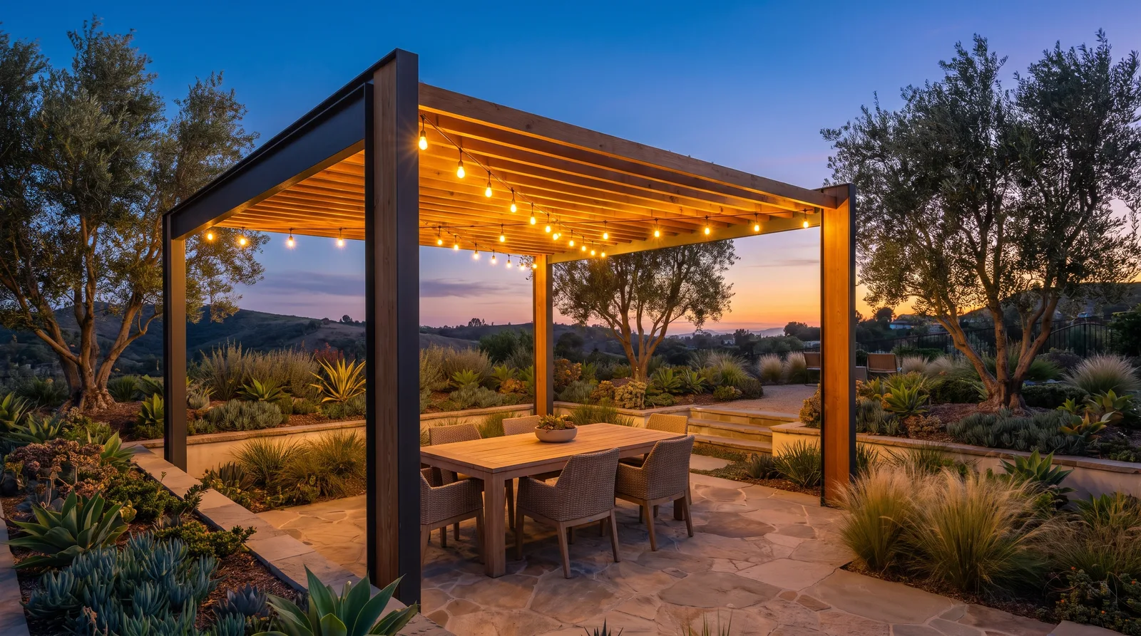 Modern cedar and steel pergola over an outdoor dining patio with string lights at dusk
