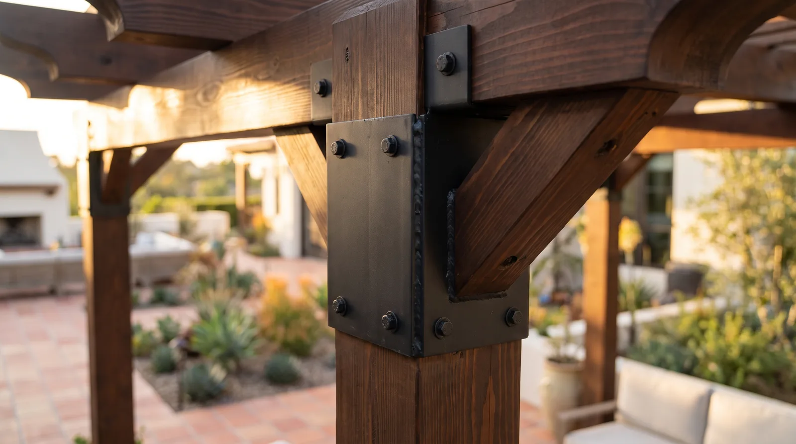 Pergola post-to-beam steel bracket joinery detail