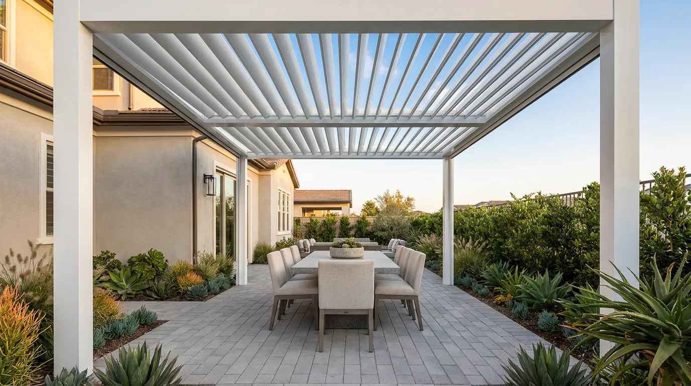 White aluminum louvered patio cover attached to the house over an outdoor dining area