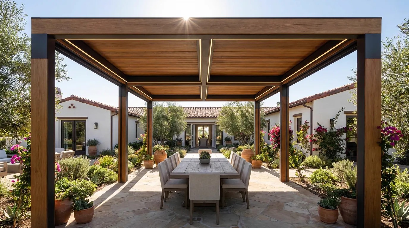 Completed pergola project at a modern farmhouse style home at golden hour