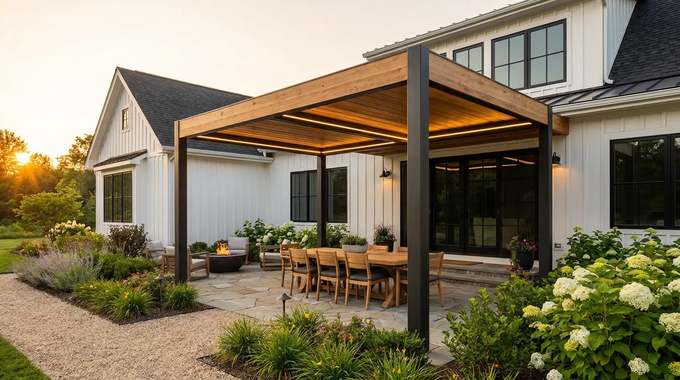 Completed pergola project at a contemporary coastal home at dusk