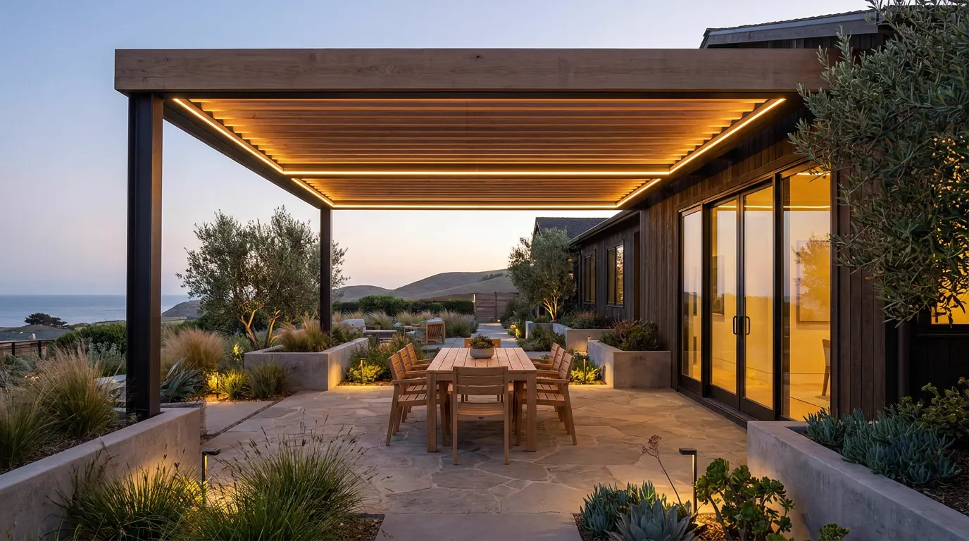 Completed pergola project at a contemporary coastal home at dusk