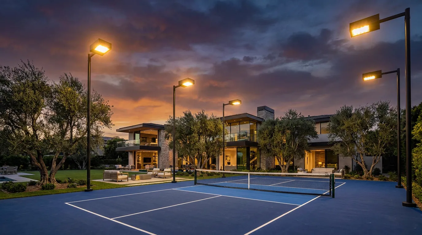 Backyard pickleball court at dusk under LED sport lighting