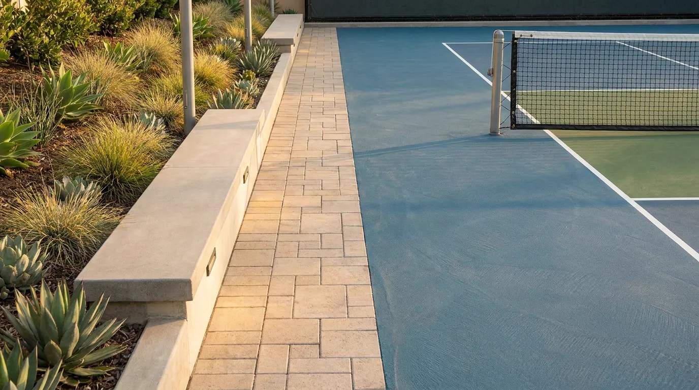 Pickleball court surface meeting a paver walkway and low seating wall