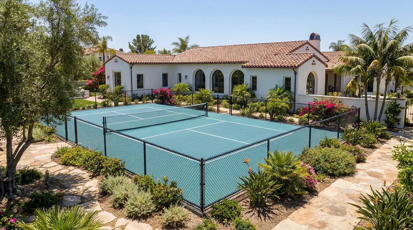 Completed backyard pickleball court project at a Spanish colonial Orange County home