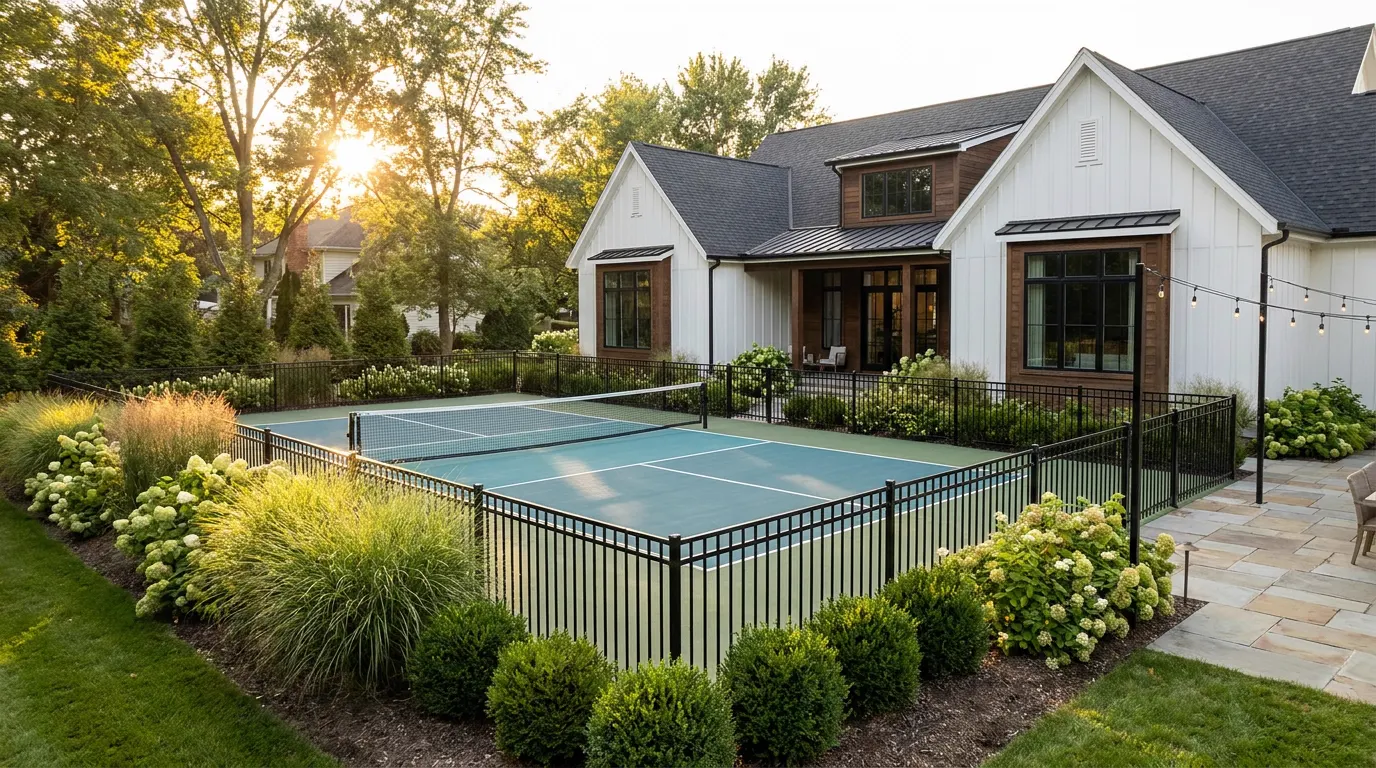 Completed backyard pickleball court project at a modern farmhouse style home at golden hour